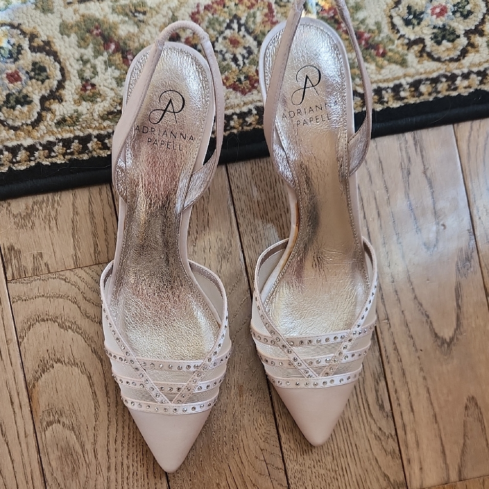 Adrianna Papell Blush Pointed Slingback Heels with Crystal Straps
